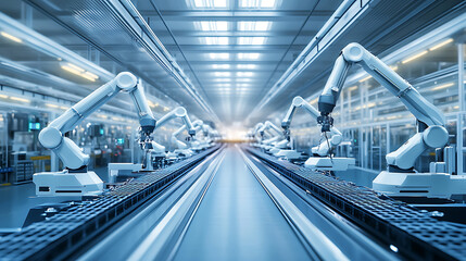 Poster - a futuristic smart factory with fully automated robotic production lines assembling high tech gadget