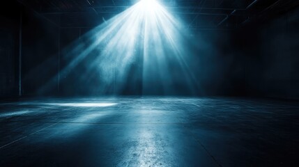 Poster - Spotlight cutting through a dark nightclub with beams of light glowing brightly against the dark floor and surrounding shadows, creating a dramatic contrast in an empty space. No text, no people.