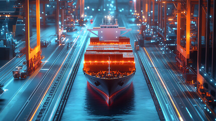 Poster - A high tech AI controlled autonomous cargo ship navigating through a futuristic smart port with automated loading systems, Maritime logistics style, photo of
