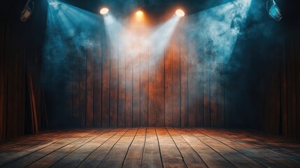Poster - Spotlight illuminating an old theater stage, revealing worn wooden planks and vintage charm. No text, no people.