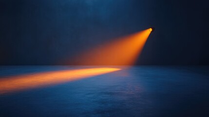 Poster - Spotlight in a dark room glowing in orange hues, with shadows forming across the floor as the light radiates outward. No text, no people.