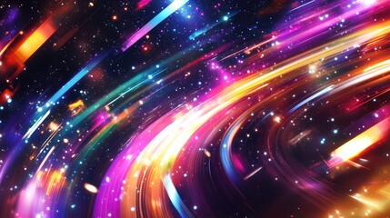 Poster - Surreal cosmic rainbow nebula background with swirling colors, deep space stars, and glowing light streaks. No text, no people.