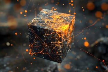 Poster - Abstract glowing cube with intricate patterns and orange sparks