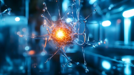 Poster - Futuristic Neuron Model with Glowing Core in High-Tech Environment