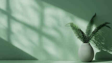 Poster - Minimalist Green Fern Decor with Gentle Light on Smooth Wallpaper