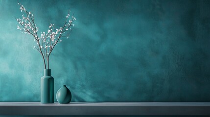 Poster - Modern Teal Green Wallpaper with Soft Ambient Flower Arrangement