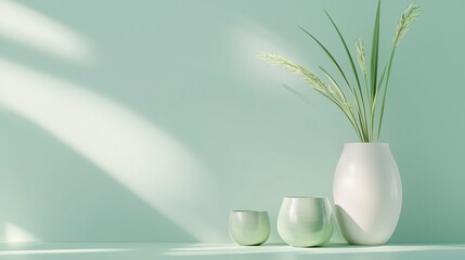 Poster - Soft Mint Green Background with Smooth Vases and Elegant Nature Accents