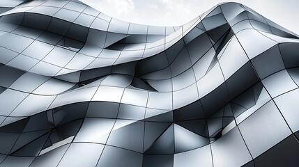 Poster - Sculptural Modern Architecture: A Study in Metal and Light. Dynamic facade design, geometric patterns, and captivating urban textures.