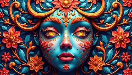 Wall Mural - Intricate, repeating floral pattern resembles a stylized face , colorful, aesthetic, flower