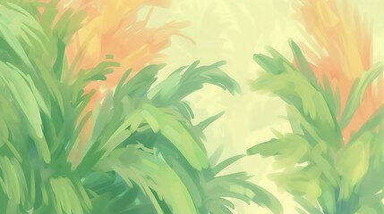 Poster - Painted illustration of green plants and orange floral elements