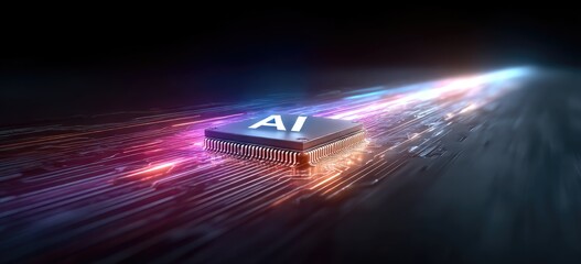 Poster - Abstract AI Microprocessor with Glowing Data Streams