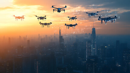 Aufkleber - a high tech ai powered drone swarm conducting precision mapping over a futuristic cityscape, aerial 