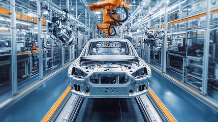 Poster - a high tech ai powered electric vehicle manufacturing plant with robotic assembly lines and smart qu