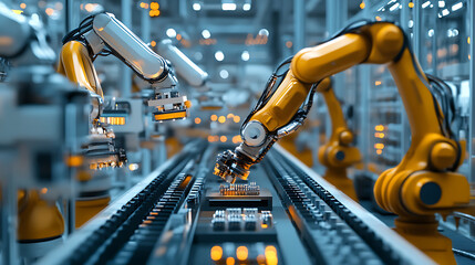 Poster - a high tech ai powered factory line with robots assembling delicate electronic components with extre