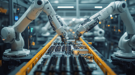 Poster - a high tech ai powered factory line with robots assembling delicate electronic components with extre