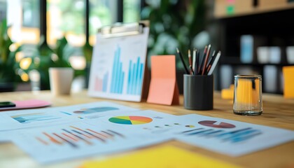 Aufkleber - Workspace with Colorful Charts and Graphs on Wooden Table Surface