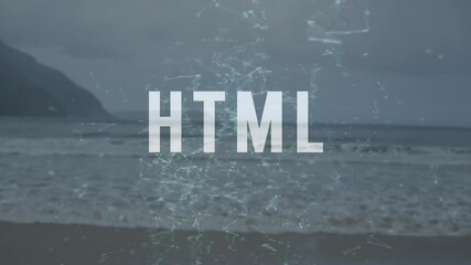 Poster - HTML text with digital network animation over ocean waves and distant mountains