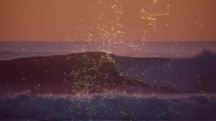 Aufkleber - Glowing connections forming network over ocean waves with animation at sunset