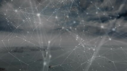 Poster - network of connections and data processing animation over foggy landscape