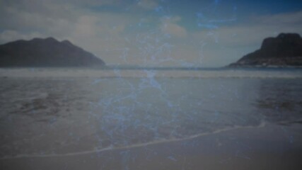 Poster - Blue network of connections animation over serene beach landscape with mountains