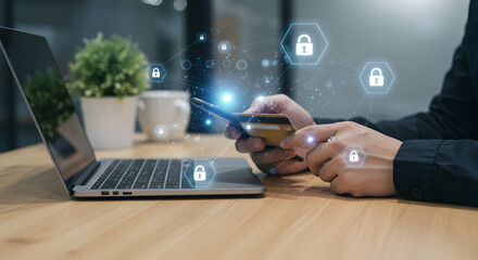 Poster - Man Securing Online Transactions with Mobile and Credit Card Using Cybersecurity Technology in Modern Office