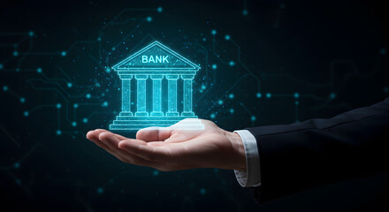 Poster - Holographic Bank Building Displayed On Open Palm Against Dark Background with Digital Network