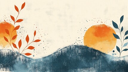 Poster - Abstract textural landscape with botanical elements and sunset illustration