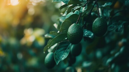 Poster - Perfectly ripened avocados hanging from branches in an orchard with a soft blurred background during golden hour