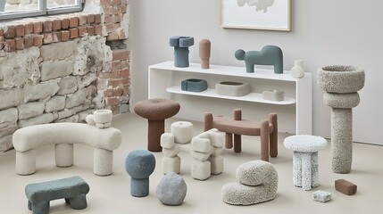 Poster - Modern furniture and sculptures displayed in a minimalist interior scene