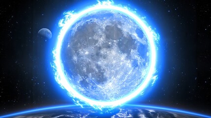 Poster - A celestial body with glowing halo above planet earth and stars