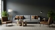 © RIDOY - Spacious Modern Living Room Interior with Dark Grey Walls, Grey Sofa, Leather Armchairs, and Large Window