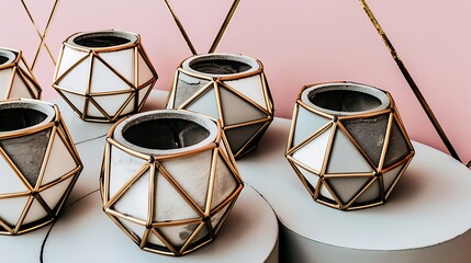 Poster - Several geometric plant pots arranged on display against a pink wall
