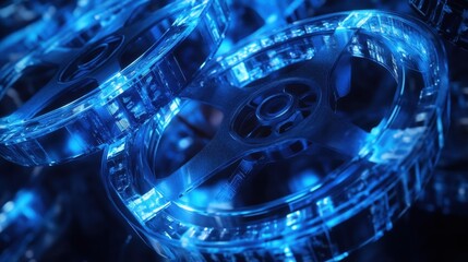 Fototapete - Glowing blue film frames floating in a dark background, mimicking a classic movie reel aesthetic.