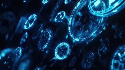 Fototapete - Glowing blue film frames floating in a dark background, mimicking a classic movie reel aesthetic.