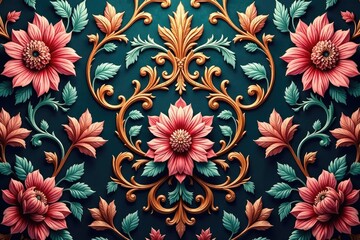 Wall Mural - Elegant floral damask, intricate baroque swirls, motif, background