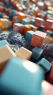 Abstract 3D Rendering of Pastel Colored Cubes and Granular Texture
