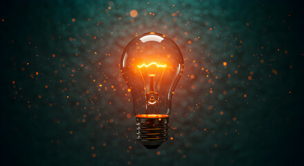 Poster - Illuminated Lightbulb with Glowing Filament and Sparkles on Dark Turquoise Background