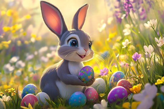 Adorable Bunny With Easter Eggs In Flowery Meado
