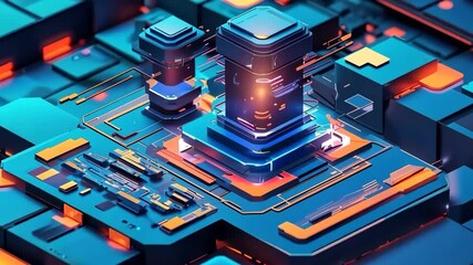 Poster - abstract circuit board design with glowing orange and blue light emitting from the central geometric