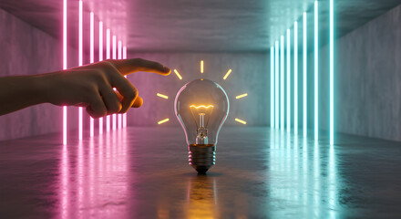 Poster - Hand Reaching for Illuminated Lightbulb with Pink and Blue Neon Lights in Minimalist Concrete Room