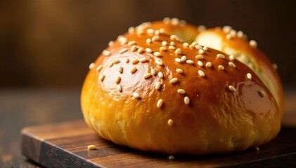 Wall Mural - Golden brown, perfectly baked bun, sesame seeds , high resolution, snack, pastry