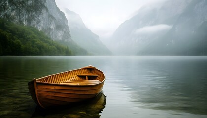 Poster - Tranquil Wooden Boat on Misty Lake Surrounded by Majestic Mountains