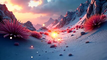 Wall Mural - Pink blossoms glow in a breathtaking alien valley at sunset.