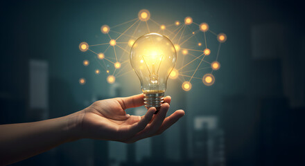 Poster - Hand Holding Glowing Lightbulb with Digital Network Overlay on Dark Cityscape Background