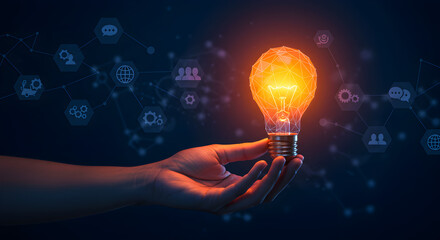 Poster - Hand Holding Bright Light Bulb with Glowing Network Connecting to Digital Icons on Dark Background