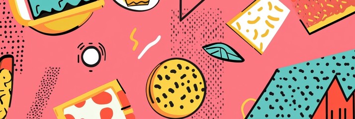 Aufkleber - Colorful Memphis-style pop-art background with floating abstract food shapes and bold geometric elements creating a vibrant design