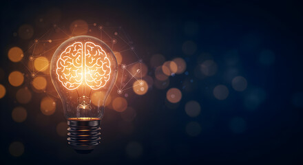 Poster - Glowing Lightbulb with Brain Symbolizing Artificial Intelligence on Dark Backdrop