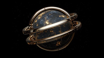 Poster - Striking planet surrounded by a depicted in a digital style with network rings representing connectivity and space