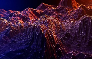 Poster - abstract geometric landscape with wireframe mountains in orange and blue mesh structure