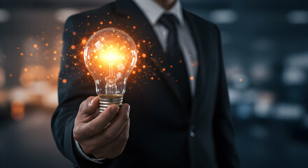 Poster - Glowing Light Bulb Held By Businessman Hand in Dark Suit Demonstrating New Idea